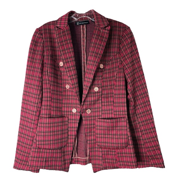 NEW New York & Co pink black plaid houndstooth stretchy preppy blazer small - Picture 1 of 6